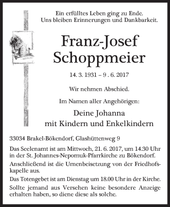 Traueranzeige von Franz-Josef Schoppmeier von Westfalen-Blatt