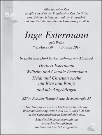 Traueranzeige von Inge Estermann von Westfalen-Blatt