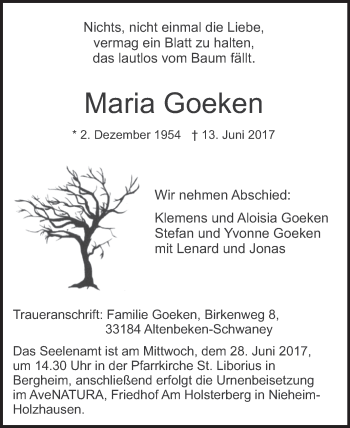 Traueranzeige von Maria Goeken von Westfalen-Blatt