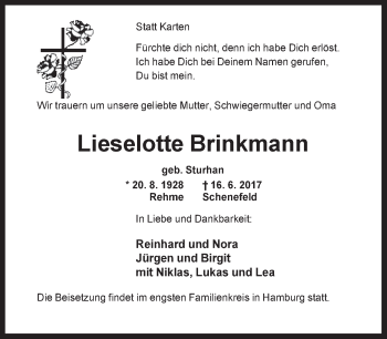 Traueranzeige von Lieselotte Brinkmann von Westfalen-Blatt