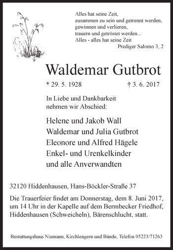 Traueranzeige von Waldemar Gutbrot von Westfalen-Blatt