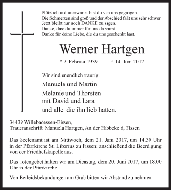 Traueranzeige von Werner Hartgen von Westfalen-Blatt