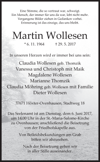 Traueranzeige von Martin Wollesen von Westfalen-Blatt