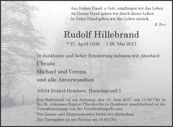 Traueranzeige von Rudolf Hillebrand von Westfalen-Blatt