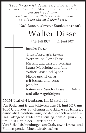 Traueranzeige von Walter Disse von Westfalen-Blatt