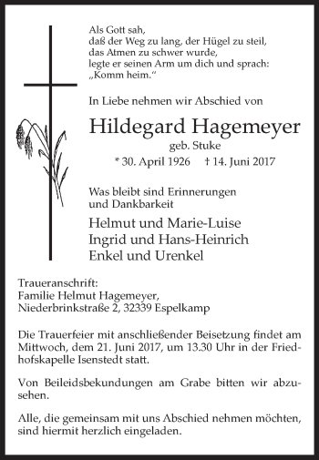 Traueranzeige von Hildegard Hagemeyer von Westfalen-Blatt