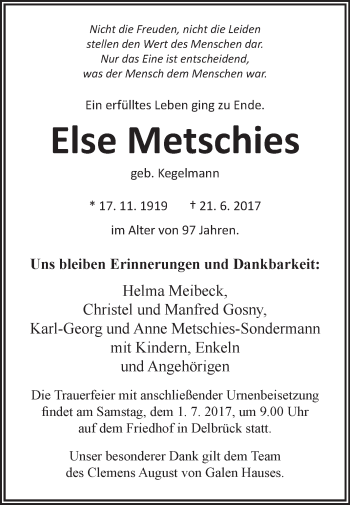 Traueranzeige von Else Metschies von Westfalen-Blatt