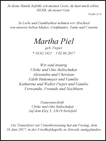 Traueranzeige von Martha Piel von Westfalen-Blatt