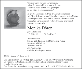 Traueranzeige von Monika Dören von Westfalen-Blatt