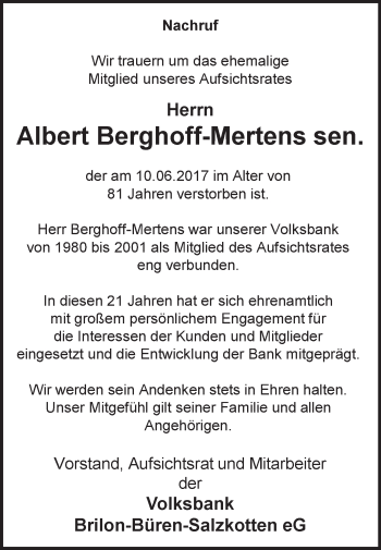 Traueranzeige von Albert Berghoff-Mertens sen. von Westfalen-Blatt