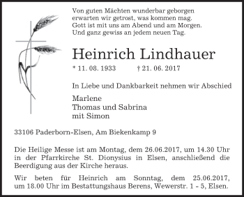 Traueranzeige von Heinrich Lindhauer von Westfalen-Blatt