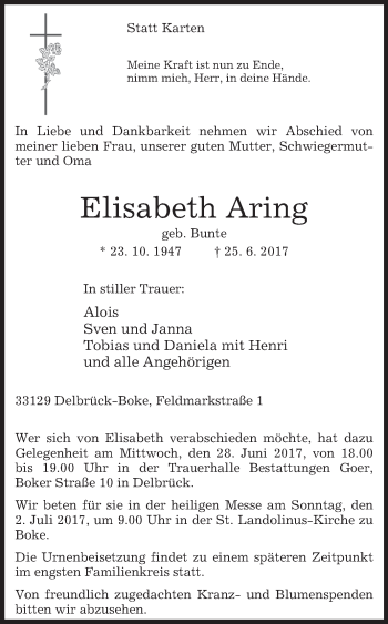 Traueranzeige von Elisabeth Aring von Westfalen-Blatt