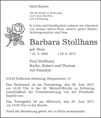 Traueranzeige von Barbara Stollhans von Westfalen-Blatt