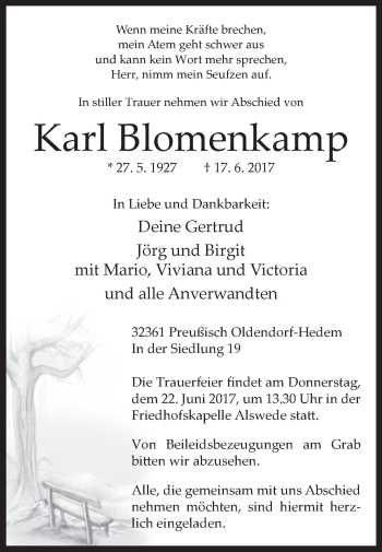 Traueranzeige von Karl Blomenkamp von Westfalen-Blatt