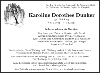 Traueranzeige von Karoline Dorothee Dunker von Westfalen-Blatt