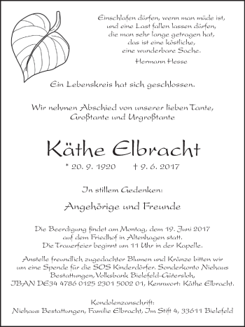 Traueranzeige von Käthe Elbracht von Westfalen-Blatt