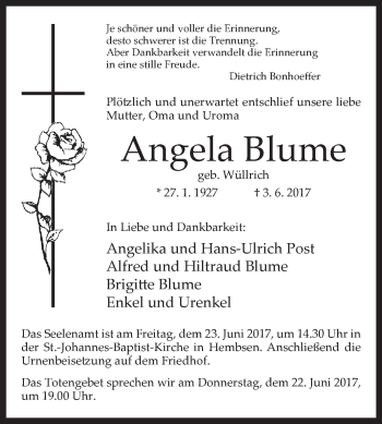 Traueranzeige von Angela Blume von Westfalen-Blatt