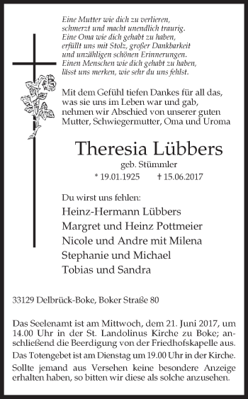 Traueranzeige von Theresia Lübbers von Westfalen-Blatt