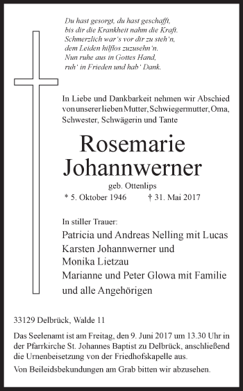 Traueranzeige von Rosemarie Johannwerner von Westfalen-Blatt