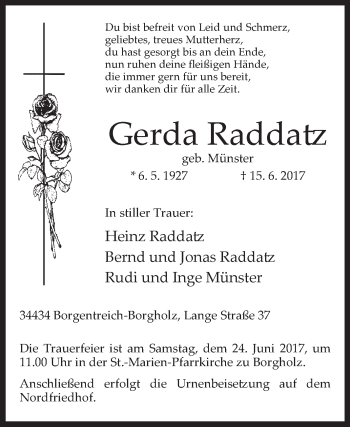 Traueranzeige von Gerda Raddatz von Westfalen-Blatt