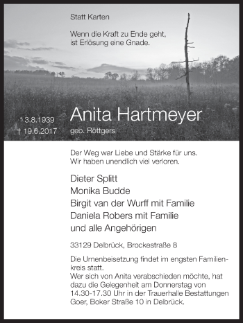 Traueranzeige von Anita Hartmeyer von Westfalen-Blatt