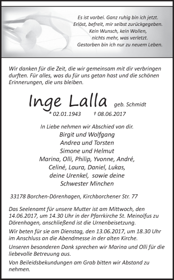 Traueranzeige von Inge Lalla von Westfalen-Blatt