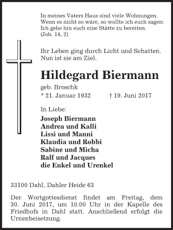 Traueranzeige von Hildegard Biermann von Westfalen-Blatt