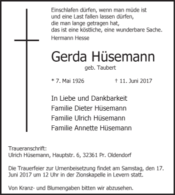 Traueranzeige von Gerda Hüsemann von Westfalen-Blatt