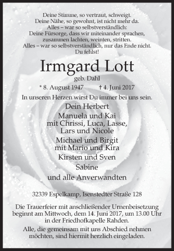 Traueranzeige von Irmgard Lott von Westfalen-Blatt