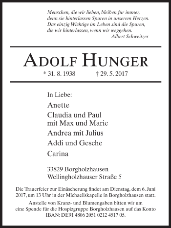 Traueranzeige von Adolf Hunger von Westfalen-Blatt