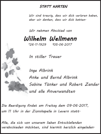 Traueranzeige von Wilhelm Wellmann von Westfalen-Blatt