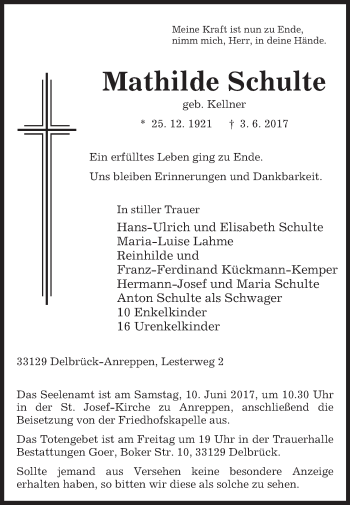 Traueranzeige von Mathilde Schulte von Westfalen-Blatt