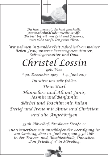 Traueranzeige von DChristel Lossin von Westfalen-Blatt