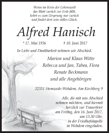 Traueranzeige von Alfred Hanisch von Westfalen-Blatt