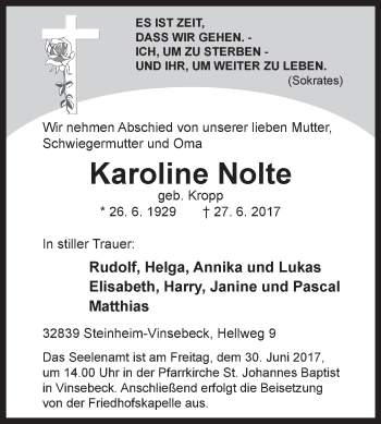 Traueranzeige von Karoline Nolte von Westfalen-Blatt