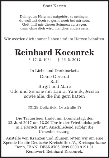 Traueranzeige von Reinhard Koconrek von Westfalen-Blatt