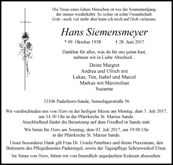 Traueranzeige von Hans Siemensmeyer von Westfalen-Blatt