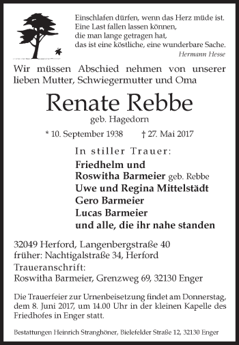 Traueranzeige von Renate Rebbe von Westfalen-Blatt