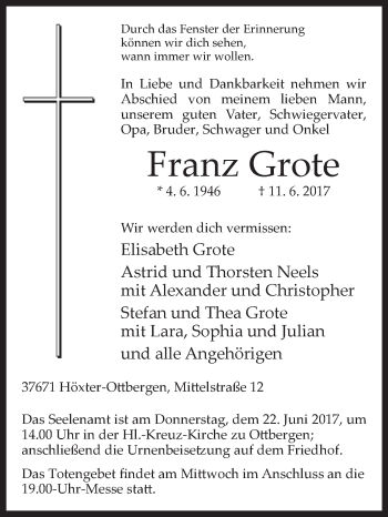 Traueranzeige von Franz Grote von Westfalen-Blatt