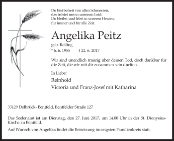 Traueranzeige von Angelika Peitz von Westfalen-Blatt