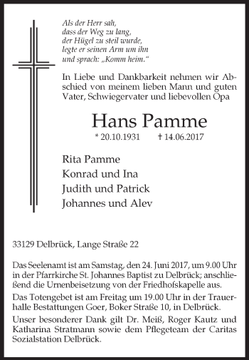 Traueranzeige von Hans Pamme von Westfalen-Blatt