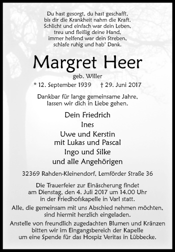 Traueranzeige von Margret Heer von Westfalen-Blatt