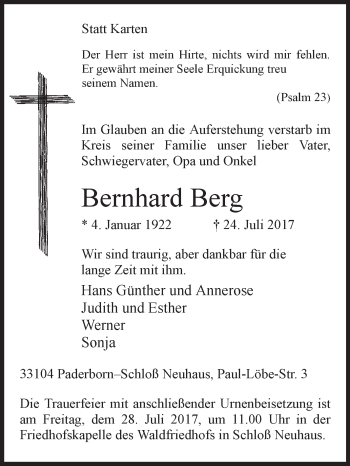 Traueranzeige von Bernhard Berg von Westfalen-Blatt