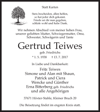 Traueranzeige von Gertrud Teiwes von Westfalen-Blatt