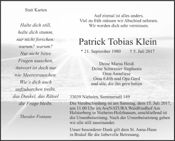 Traueranzeige von Patrick Tobias Klein von Westfalen-Blatt