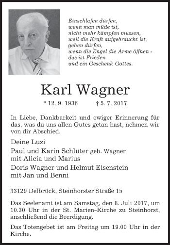 Traueranzeige von Karl Wagner von Westfalen-Blatt