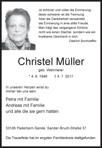 Traueranzeige von Christel Müller von Westfalen-Blatt