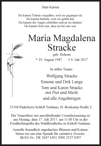 Traueranzeige von Maria Magdalena Stracke von Westfalen-Blatt