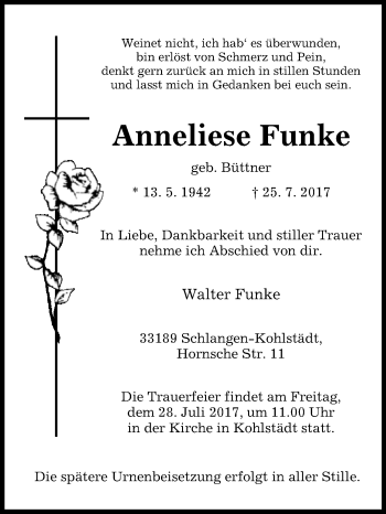 Traueranzeige von Anneliese Funke von Westfalen-Blatt