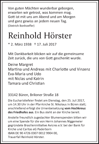 Traueranzeige von Reinhold Hörster von Westfalen-Blatt